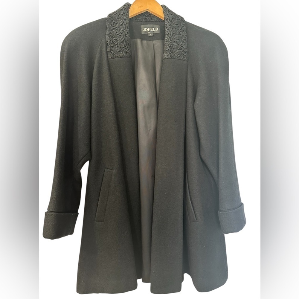 Jofeld Black Wool Embroidered Coat Made in USA Vintage Medium Formal Outerwear
